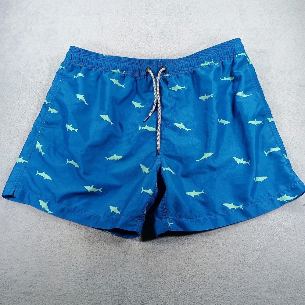 Maamgic Mens Shark Print Swim Trunks Blue XL Elastic Waist Drawstring